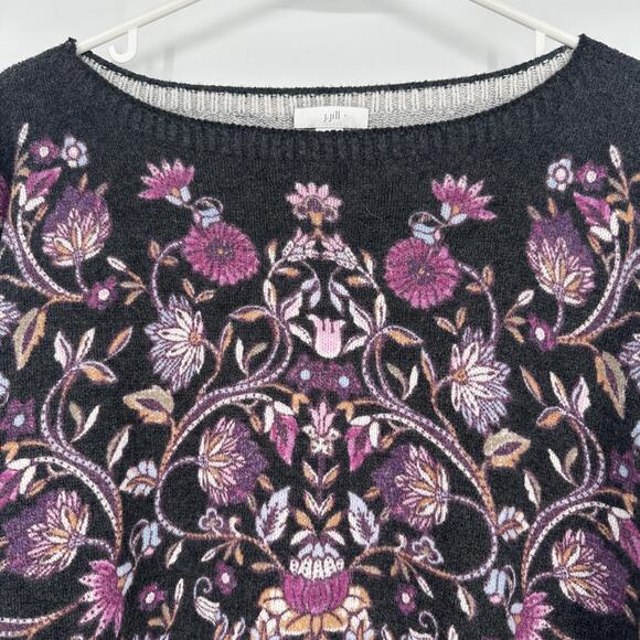 J Jill Sweater Womens Medium Petite Black Floral Jacquard Pullover Boho Knit - Picture 2 of 10